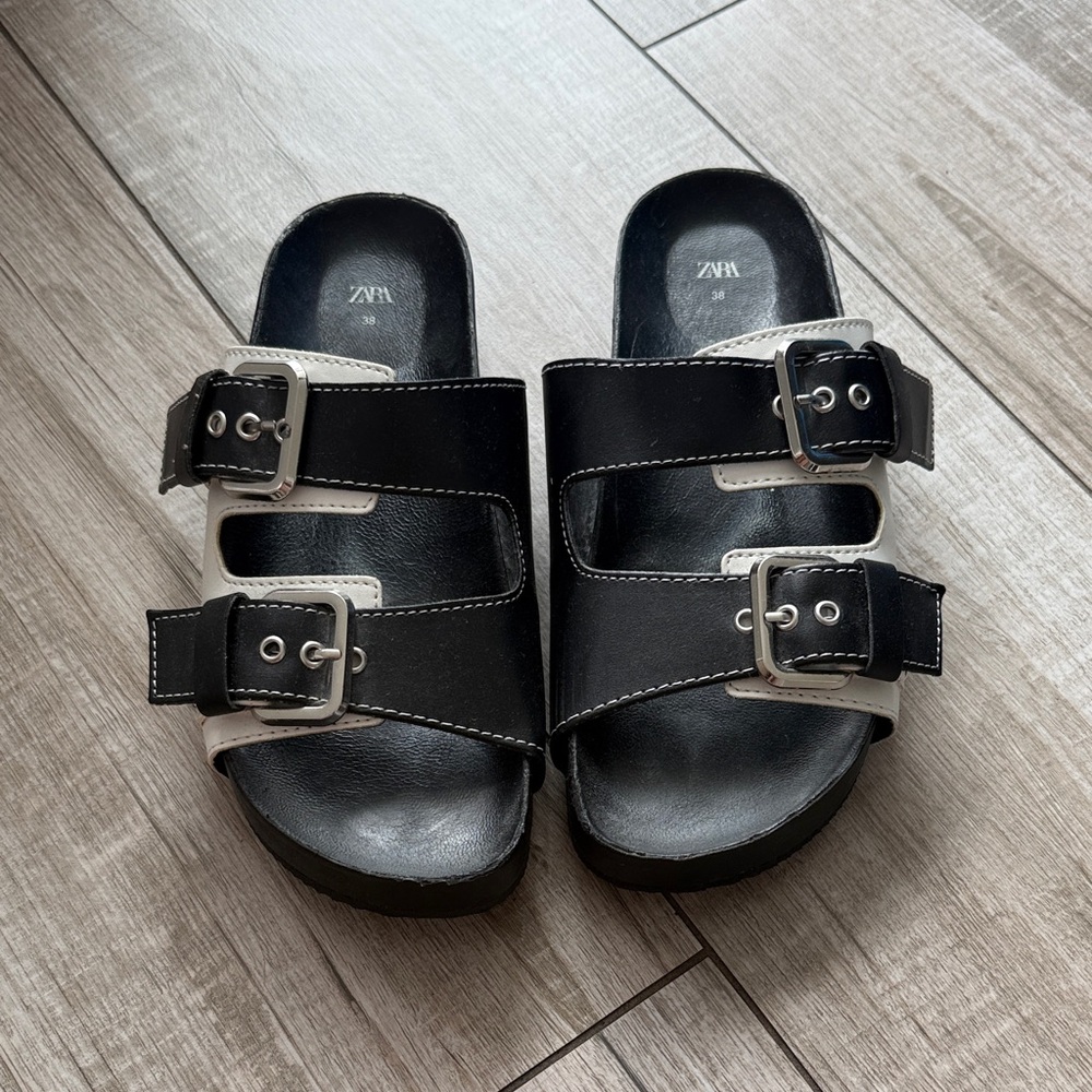 Zara Kids Black and White Dual-Buckle Slide Sandals